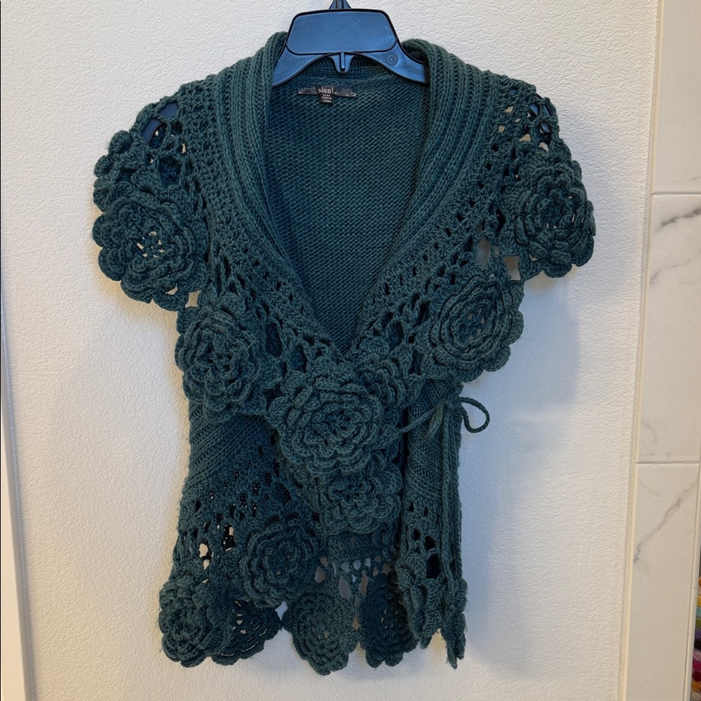 Chic Dark Turquoise Floral Knit sweater